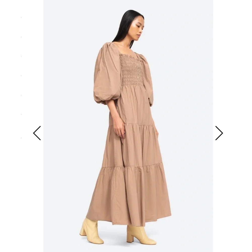 Sea Puff Sleeve Open Back Smocked Cotton Maxi Midi Dress - Picture 3 of 7